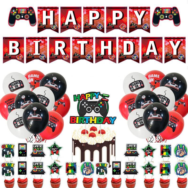 

Red Video Game Controller Birthday Party Set – 34Pcs Balloons, Cake Decorations & Card for Gamers