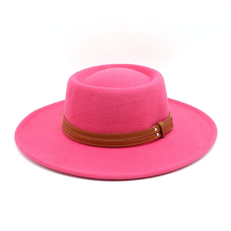 French Double Belt Buckle White Woolen Hat Flat Top Top Hat Female British Retro Style Wide Brim Felt Hat