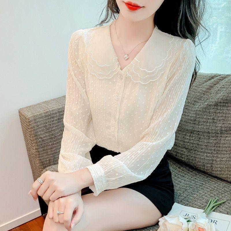 Long Sleeve Doll Neck Chiffon Shirt for Women Loose Long Sleeved Shirt for Women