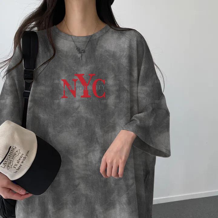 Women's 2024 Summer Tie-Dye Japanese Short-Sleeve Dress - Loose, Casual, Mid-Length Tee Design
