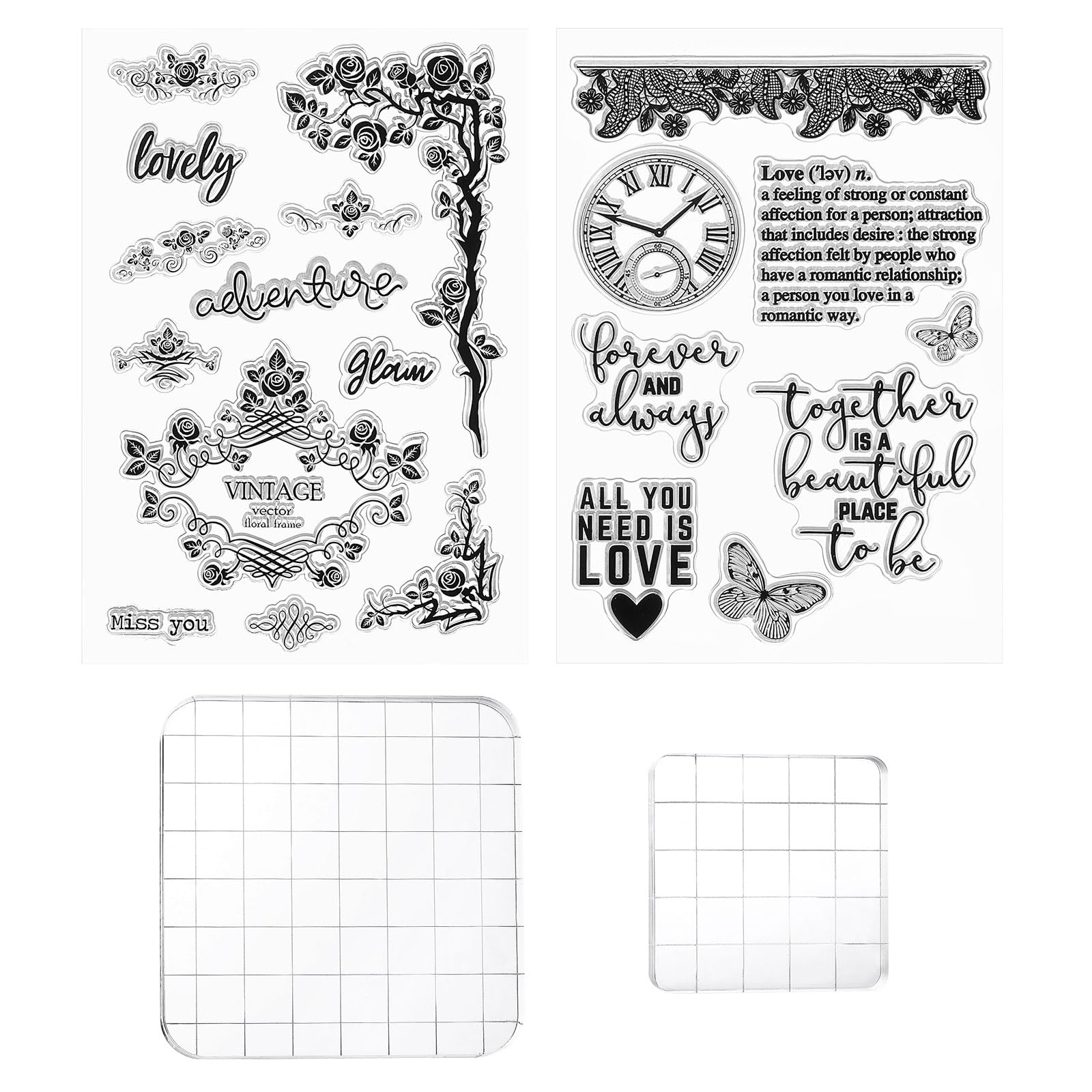 

PATIKIL Силиконовые штампы Акриловый блок для штампов Набор из 4 штук Ноты и цветочные прозрачные штампы с сеткой для инструмента для украшения открыток своими руками, изготовления, скрапбукинга,