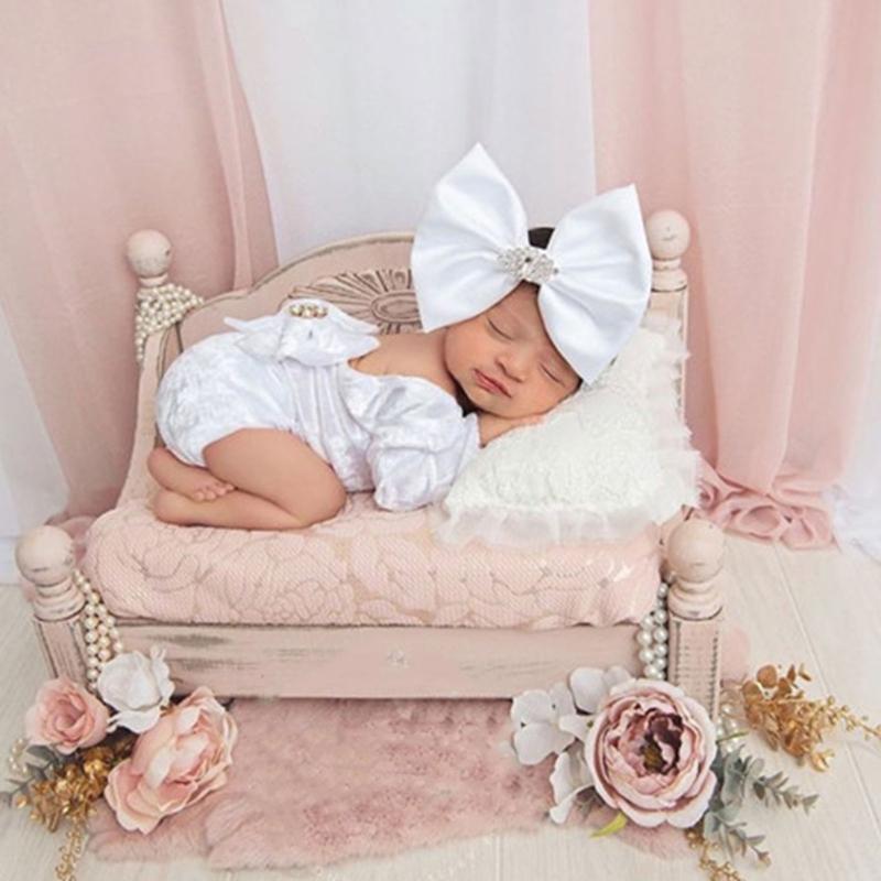 Baby Girls Photo Clothes Long Sleeve Jumpsuit Newborn Costume OnePiece Romper Bowknot Headband Infant Photo Outfit 2pcs