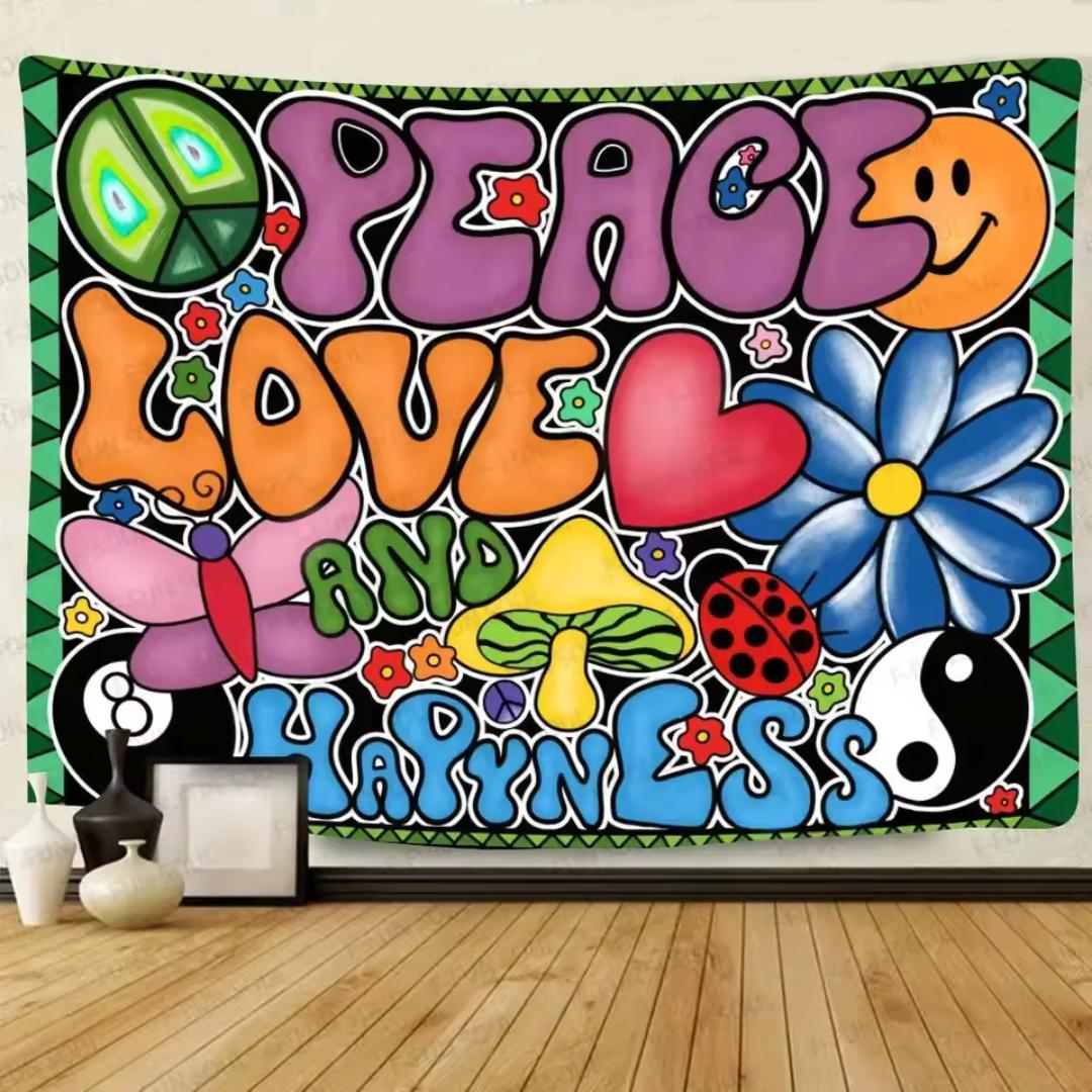 

Groovy Peaceful Love And Happiness Wall Tapestry 70s Hippie Aesthetic Tapestry Bedroom Tapestry Living Room Bedroom decor 74x94cm(29x37in)
