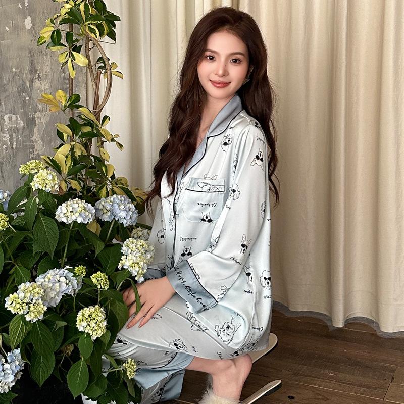 Pajamas for Women All Seasons Long-sleeved Ice Silk Two-piece Cartoon Dog Sweet and Cute Pajamas