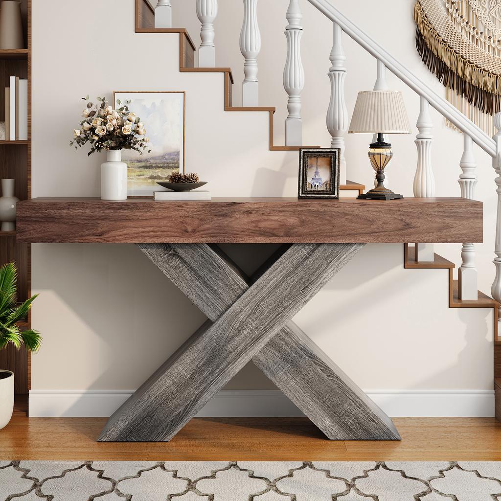 Console Table with X-Shaped Legs, Narrow Console Table, Wood Look, Chipboard, for Hallway and Living Room, Side Table