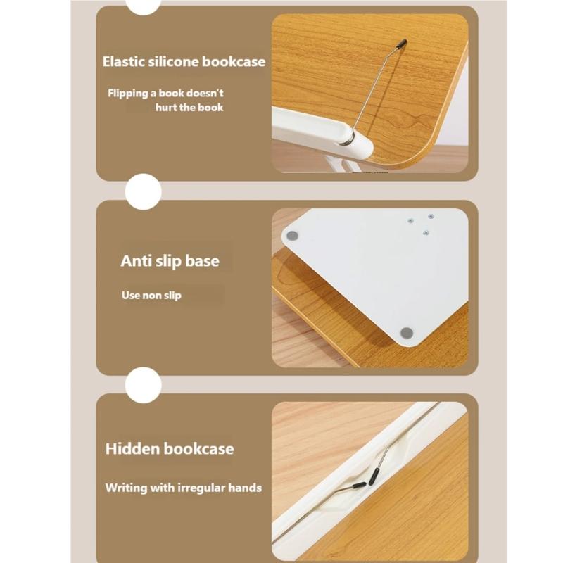 Reading Books Holder Desktop Book Laptop Stand with 360 Degree Rotating Base Wooden Panel Page Clip Foldable Angled