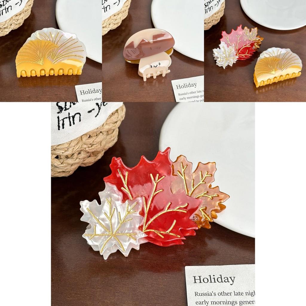 Adorable Acetate Hair Clips With Unique Maple Leaf And Cute Mushroom Shapes