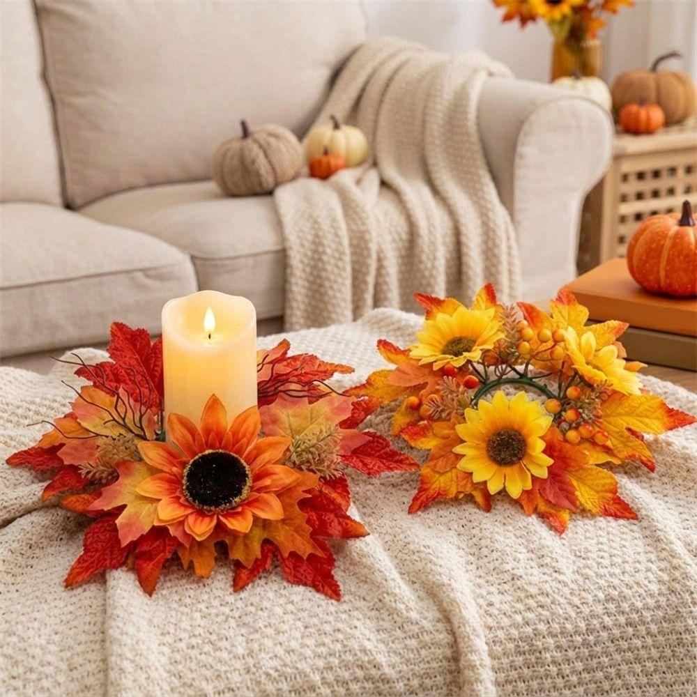 Fade Resistant Sunflower Maple Candle Ring Wreath Harvest Pillar Candle Surround Ring Home Decor