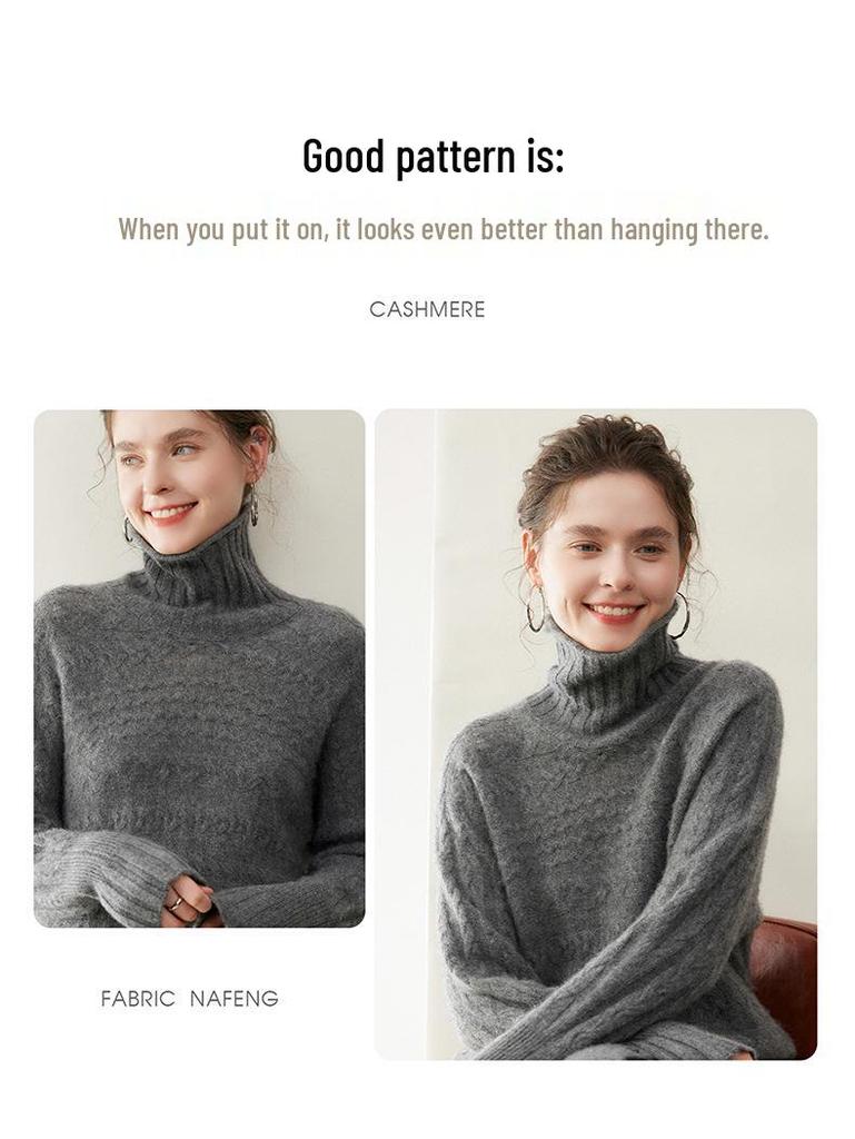 Autumn Winter Retro Cable Knit High Neck Cashmere Women's Sweater - Loose Fit, Solid Color Pullover