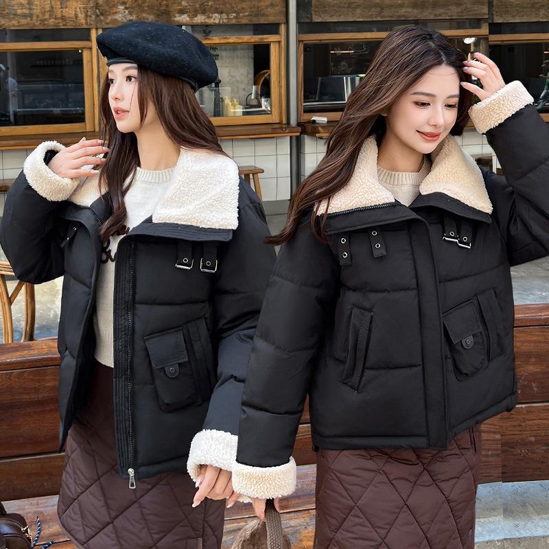 Short small thickened cotton clothes for women's winter new versatile plush lapel warm jacket trendy