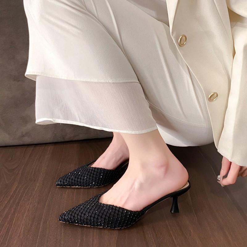 Fashion Fashion Top Slip-on Slippers Summer New Pointy Head Shallow Mouth Sequin Cloth Cover Foot Non-slip High Heels
