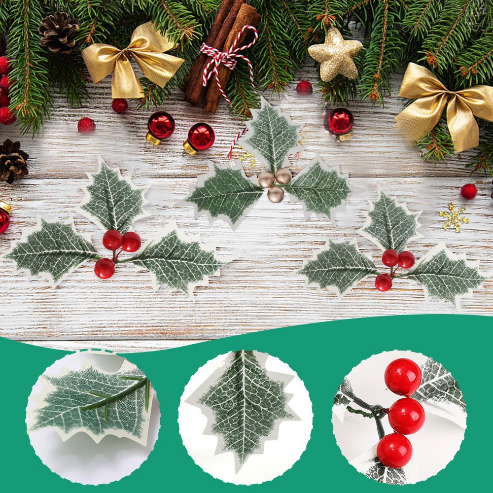 20/5Pcs Artificial Holly Berries With Green Leaves DIY Christmas Wreath Wedding Flower Gifts Xmas New Year Festival Decorations