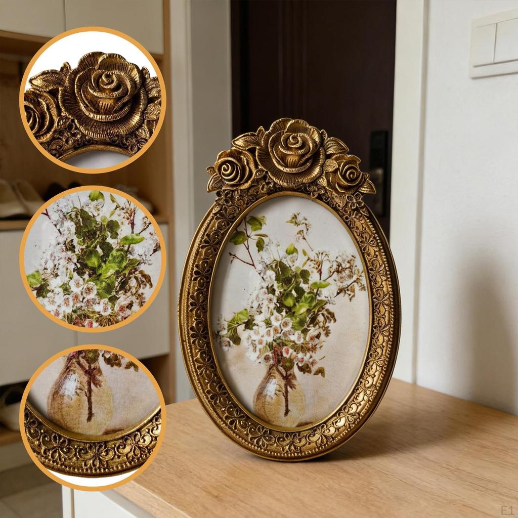 Photo Frame Oval Tabletop/Wall Hanging Retro Design Picture Display for Office Hallway Bedroom