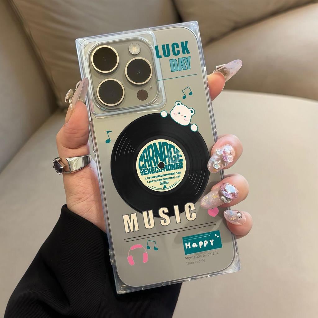 Square Back Tube Protection Clear Case For iPhone 14 Pro Max 13 11 12 15 Plus 16 ProMax Anti-Oxygen,Love Disc Pattern Casing