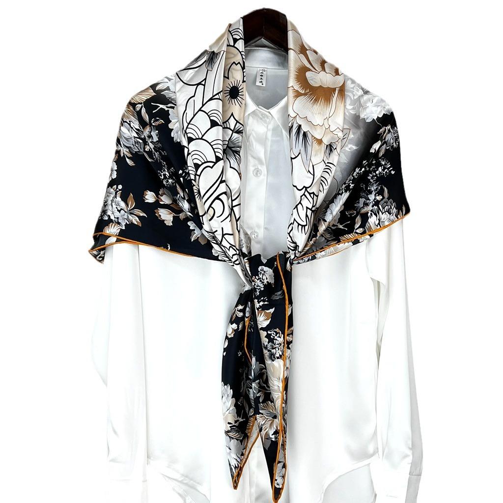 Silk Scarf Femininity Flowery Four-Season Versatile Mulberry Silk Square Scarf Elegant Light Luxury Multi-Functional Shawl
