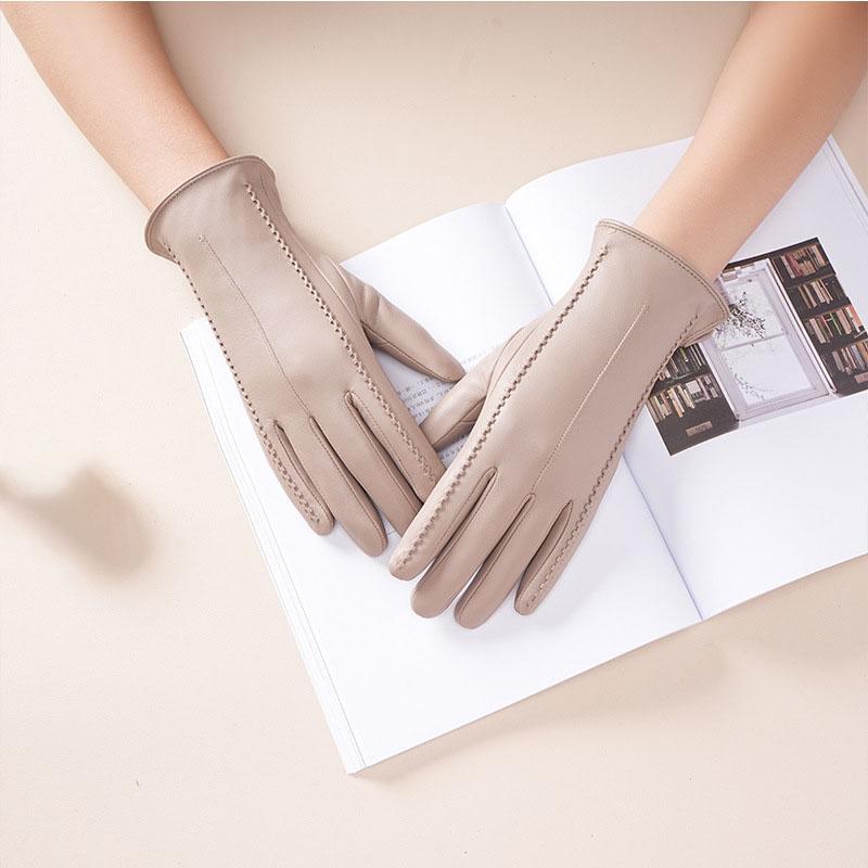 Damen Lammfellhandschuhe Winter Warm Plus Samt Kurz Dünn Touchscreen Autofahren Farbe Damen Kunstlederhandschuhe