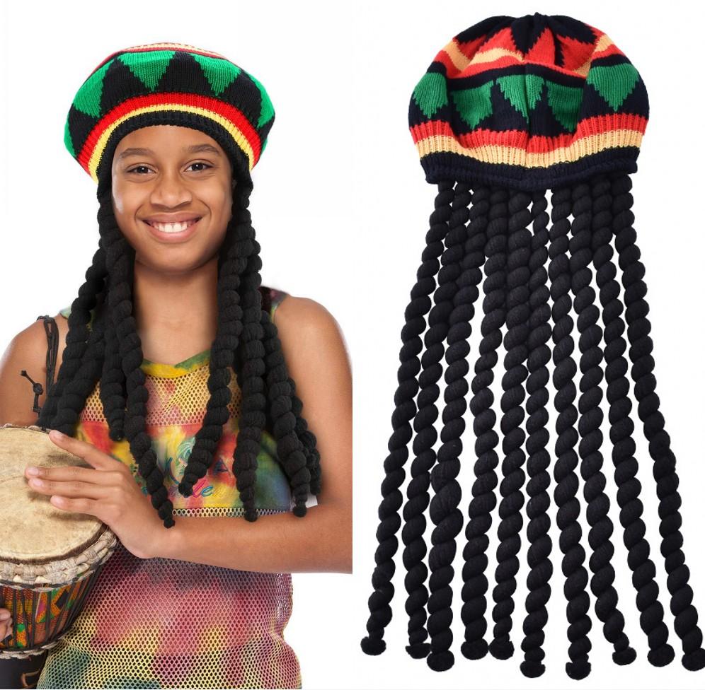 Braids Wig Cap Knitted Beanie Hat Jamaica Bob Marley Rasta Cap Dreadlocks Reggae Caribbean Halloween Cosplay Headwear