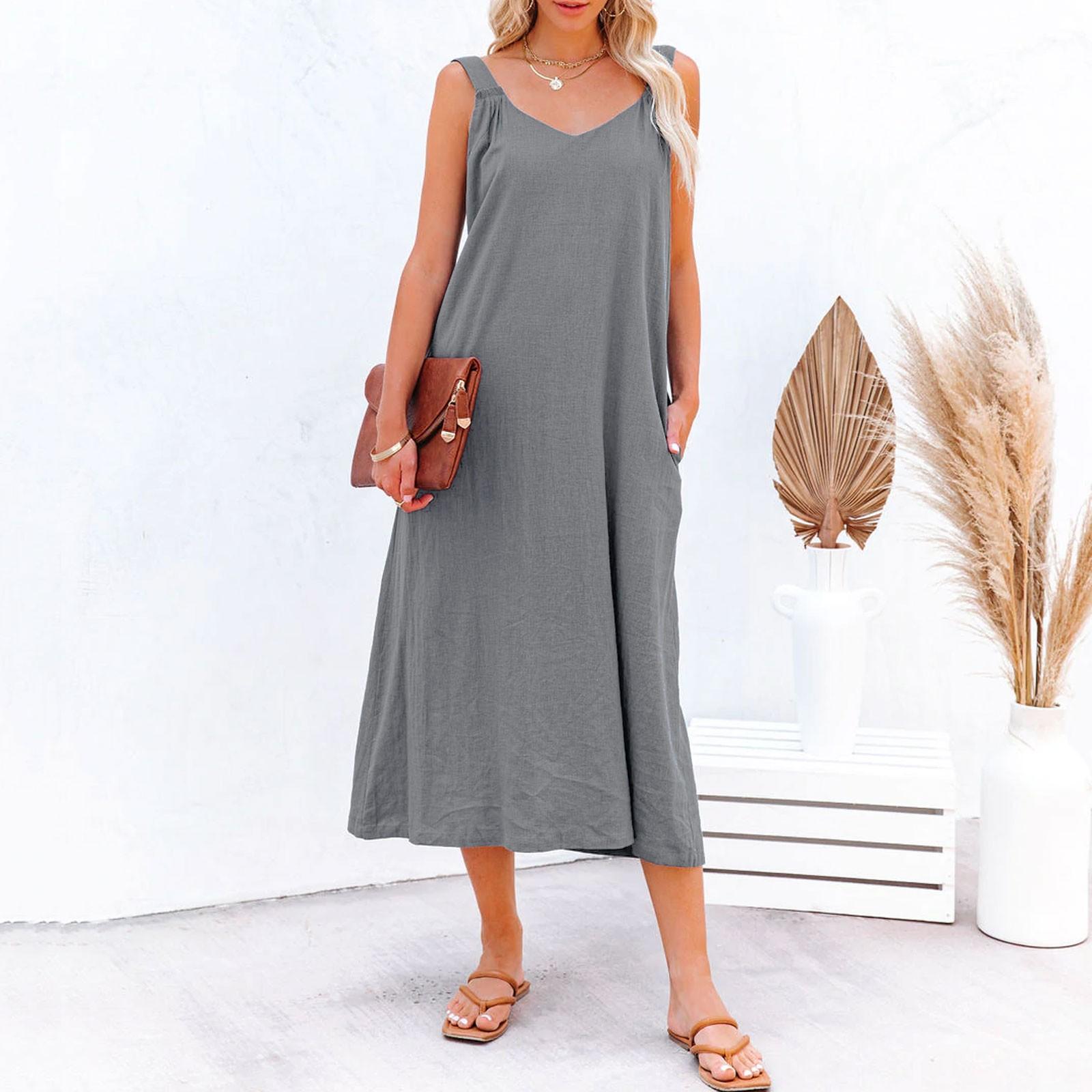 

Женское повседневное свободное платье без рукавов с рюшами и открытой спиной, летнее платье-майка с карманами L серый