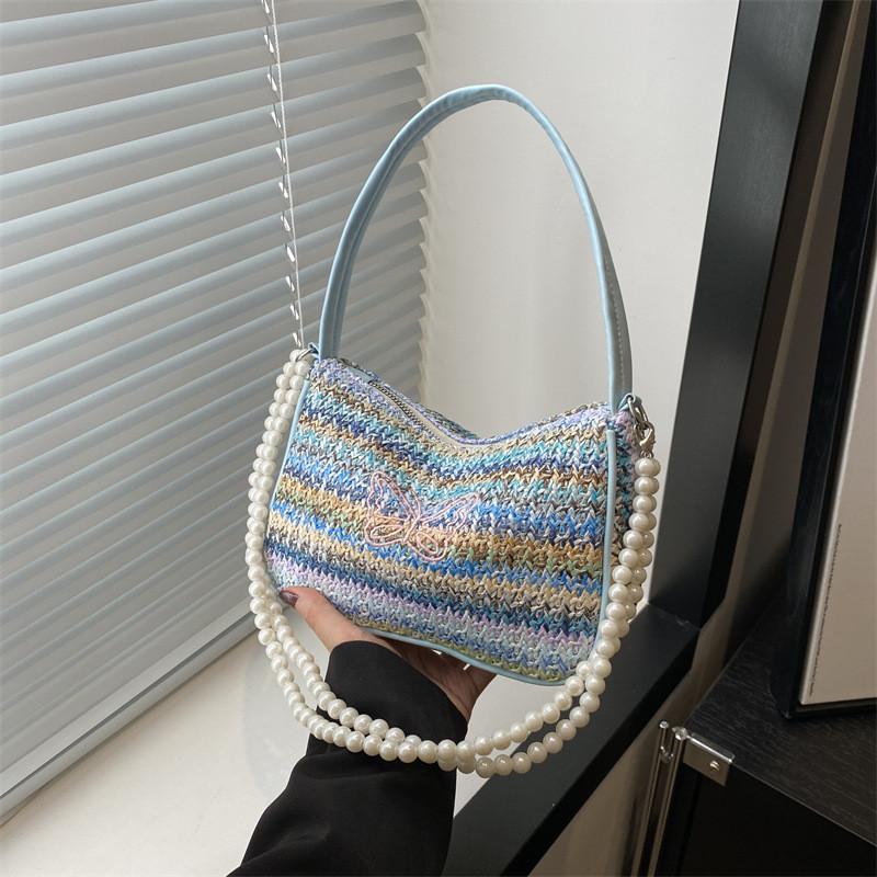 Fashionable Chinese Style Straw Bag 2024 Summer New Pearl Chain Single Shoulder Bag Quirky Trendy Underarm Bag