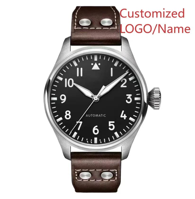 A11 Store Customized Watch  Men Pilots Automatic l Watch Stainless Steel Brown Leather Green Black Dial Fashion Big Watches