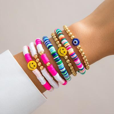 Soft Pottery Colored Alphabet Bracelet Set, Bohemian Star Beaded Hand Jewelry Bracelet