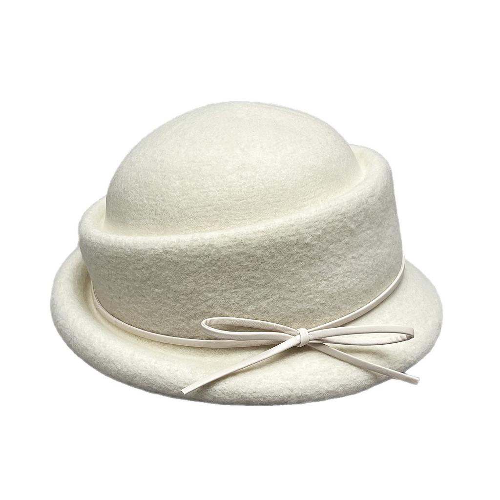 Pink Little Princess Daughter Wind Bow Curled Wool Top Hat Women'S Autumn And Winter Elegant Warm Bucket Hat Shows Small Face