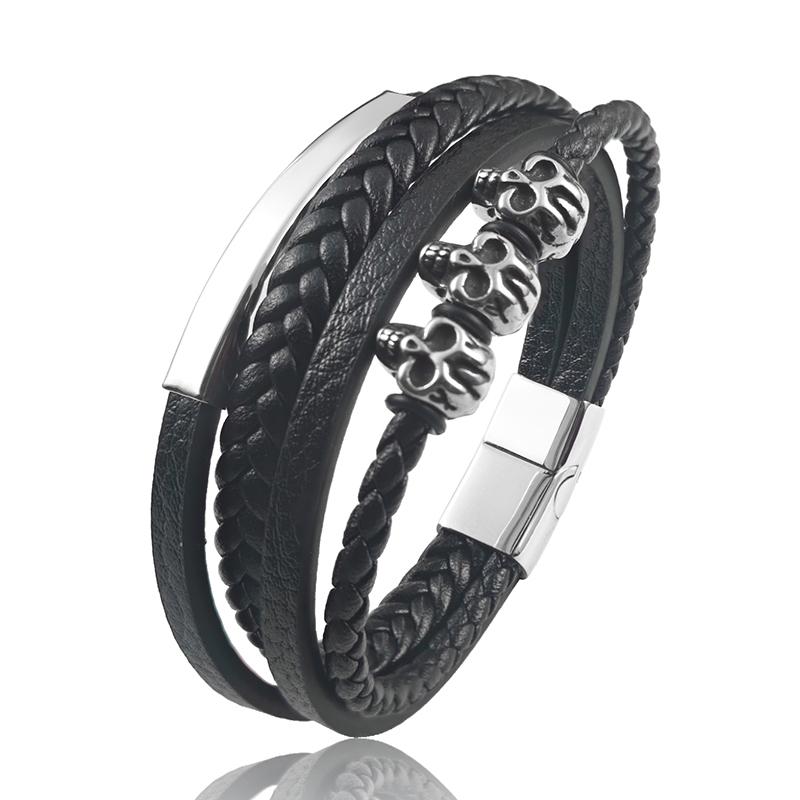 

Trendy Multilayered Woven Bracelet Featuring Ghost Head Design Made of Durable Stainless Steel with Easytouse Magnet Closure 20.5cm