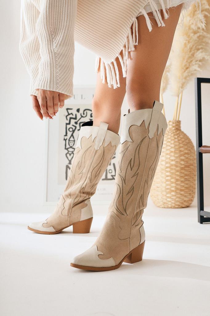 Women Modern Stylish Fashion Boots Boots Faux Leather Suede Spring Beige Suede Embroidered Leather Detailed Heeled Western Boots