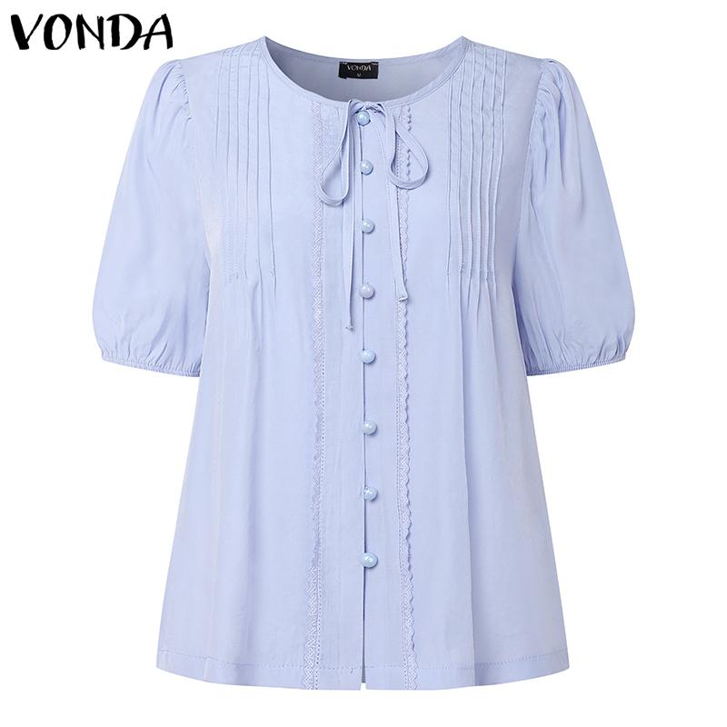 

VONDA Women Lace-up V Neck Puff Sleeve Buttons Up Ruffled Casual Blouse 4XL синий