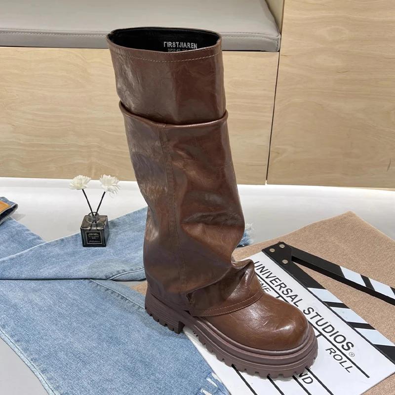 Platform Women Chunky High Boots Leather Fad Knee High Mid Heels Shoes 2025 Trend Designer Goth Winter Motorcycle Botas De Mujer