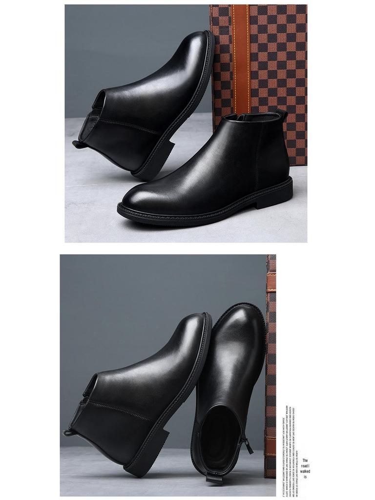 Men's British Style Genuine Leather Chelsea Boots - Autumn/Winter Mid-Cut, Plus Velvet, Warm, Trendy, High-Top, All-Match.
