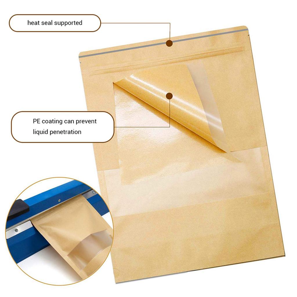 50Pcs Stand Up Pouch Bags Kraft Pouches with Tear Notch and Matte Window Re Able Zip Lock Food Storage Bags