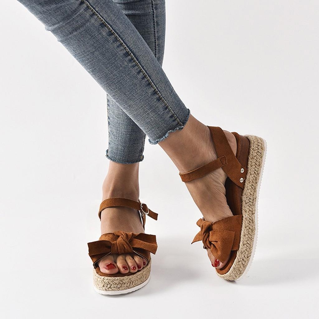 Women's Ladies Fashion Solid Leopard Wedges Bowknot Sandals Casual Shoes