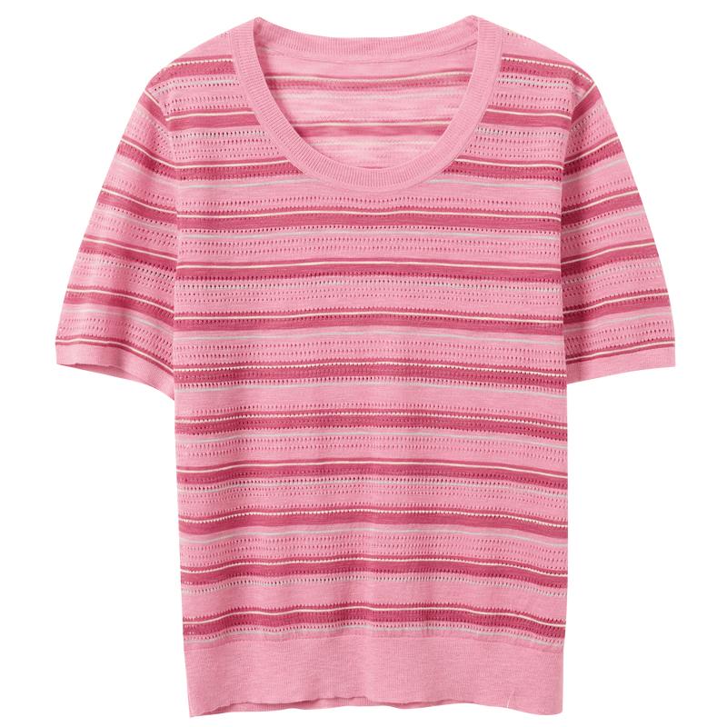 

Sancai Women s Plus Size Striped Hollow Knit Short Sleeve Top L