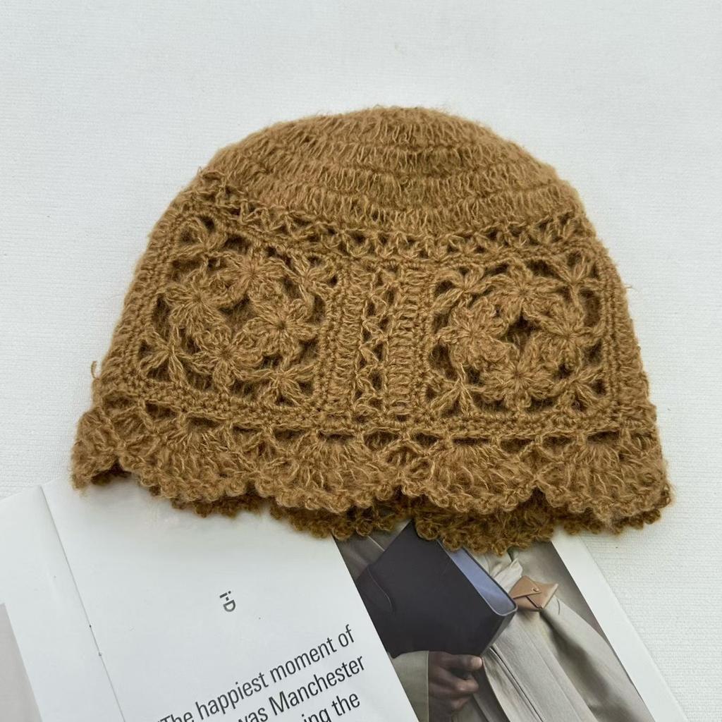 Double-layer handmade crochet hollow bag hat female elegant versatile knitted pullover hat autumn and winter breathable travel cold hat