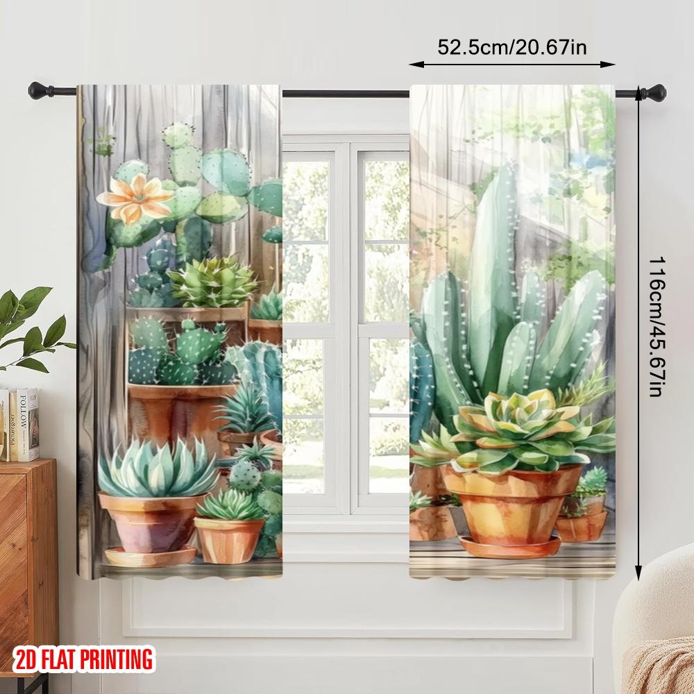 2pcs,2D Plane Printing Popular Curtains Cactus Oasis Durable Polyester (without Rod) Decorations For Home Use for Bedroom,