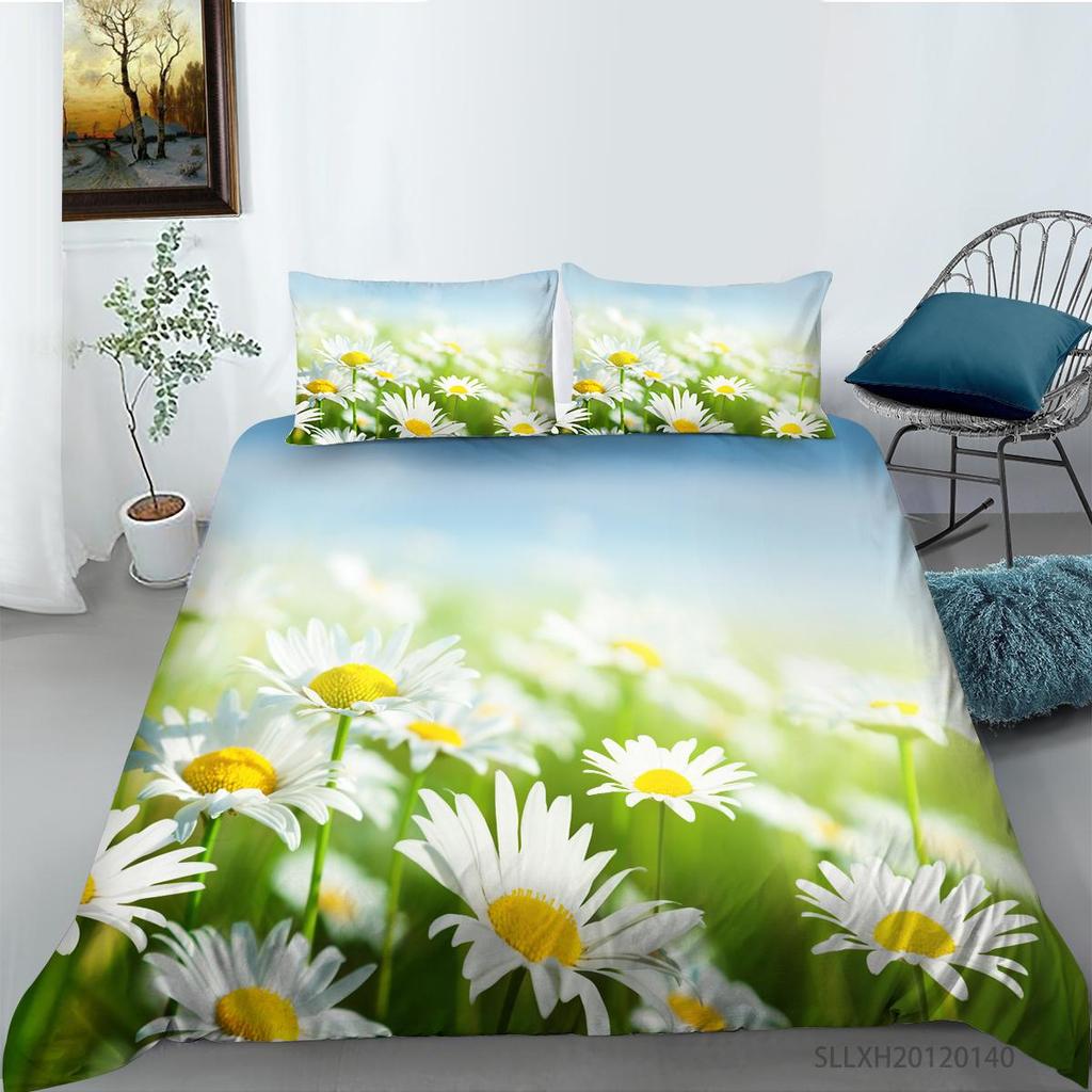 3D Printing Household Bedding Set Chrysanthemum Printing Pillowcase and Quilt Cover 2/3 Pieces of Plant Microfiber Comfortable Household Bedding