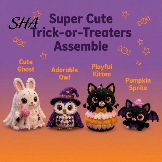 Kit da Cucito per Principianti Halloween Friends Patchwork Kit, Animale Fai da Te Crea 4 Lavori Manuali Carini Personaggi Adorabili, Artigianato per Principianti Regalo Fatto a Mano Festività