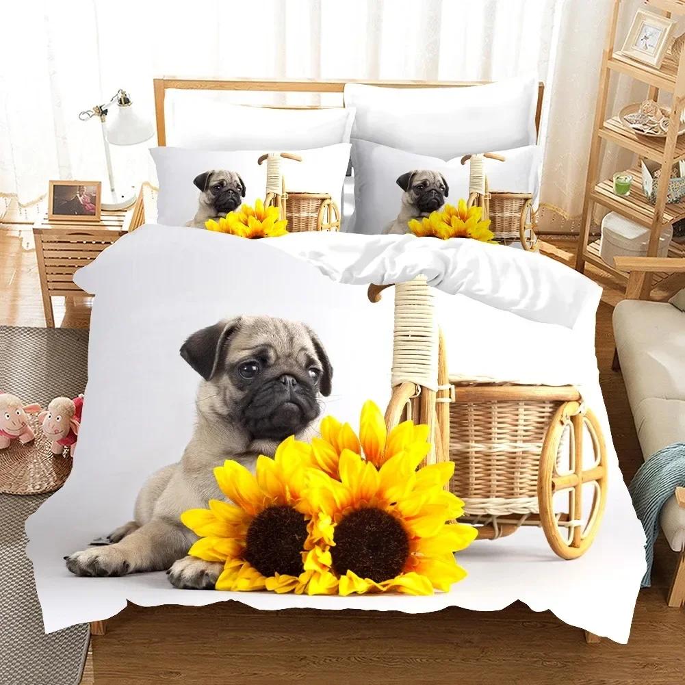 Lovely Pug Dog Animal Happy Dogs Comfortable Duvet Quilt Cover Pillowcase Bedding Set Children Bedroom Decoration Home Textile