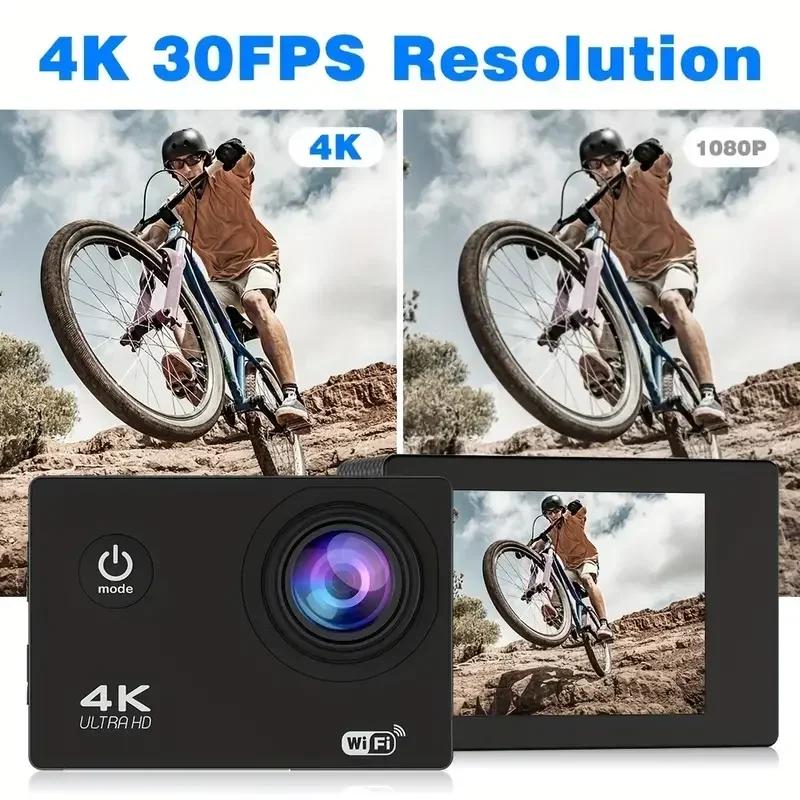 Ultra HD 4K Action Camera (30fps, WiFi, 2" Screen, 170° Wide-Angle) - Waterproof Helmet Cam for Sports & Outdoor Recording+