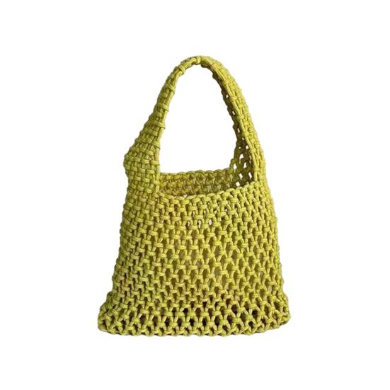 Hand-Woven Wrist Tote Bag Cotton Rope Braided Hollow Out Handbag Ladies Portable Wristlet Handbag for Travel Beach Shopping