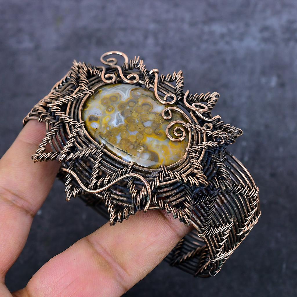 Ocean Jasper Handmade Copper Wire Wrap Cuff Bangle Adjustable i0g74