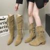 2025 autumn retro fringed knight boots thick heel but knee boots slim pile pointed boots women