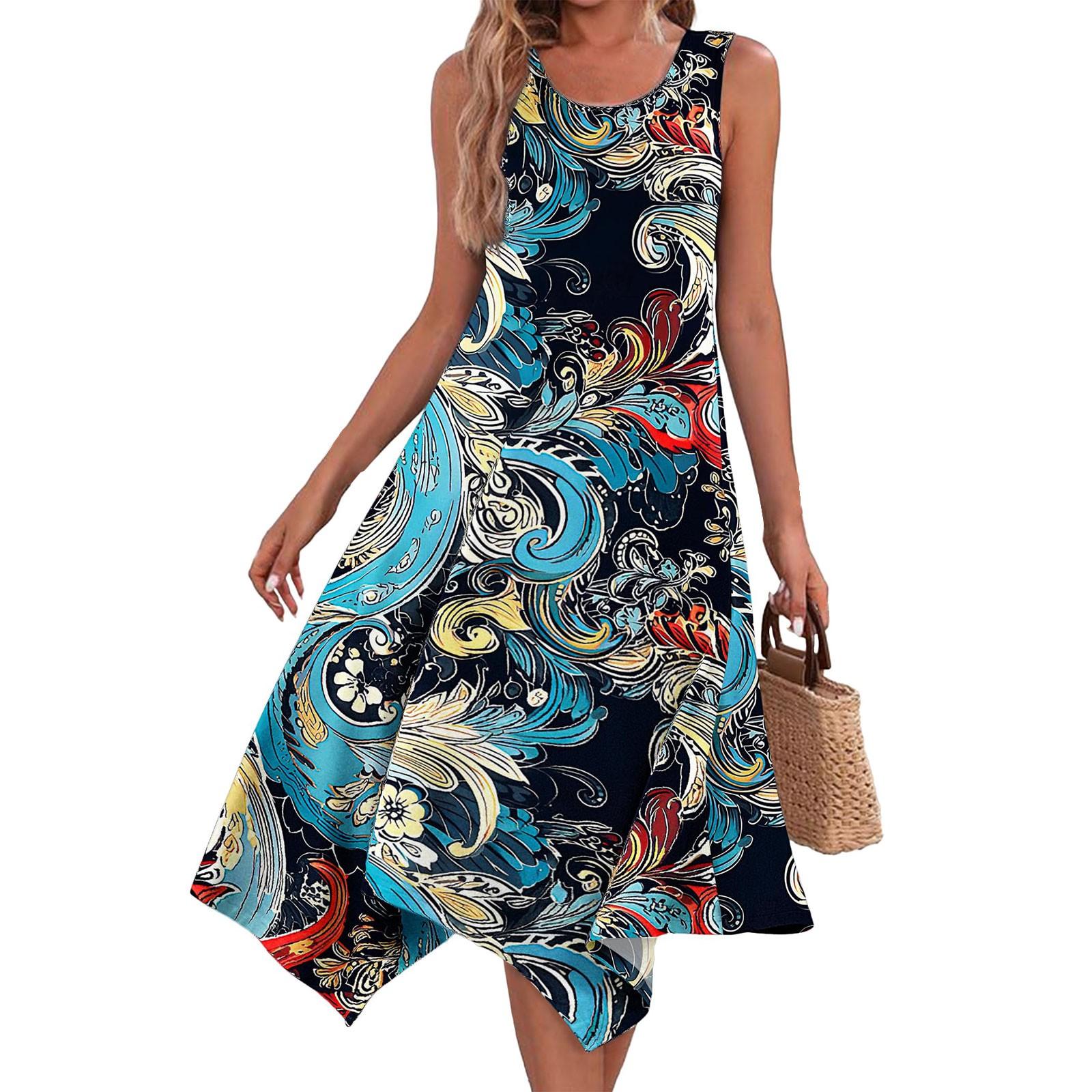 

Женское повседневное модное платье миди без рукавов с круглым вырезом и нерегулярным подолом с цветочным принтом L синий