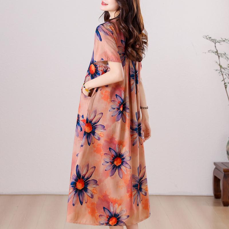 Übergröße, langes Sommerkleid mit Vintage-Druck für Damen, elegantes, kurzärmeliges, lockeres Sommerkleid in Übergröße