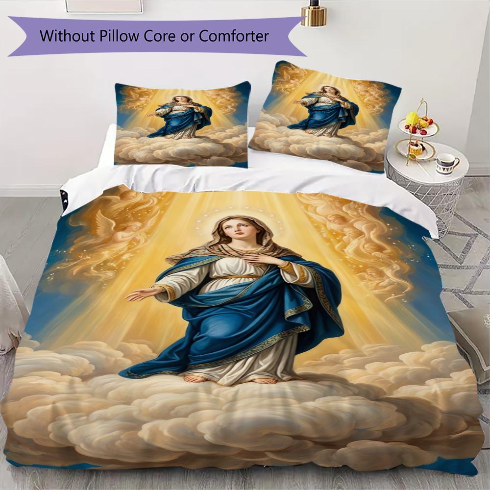 Muster der Jungfrau Maria Bettwäsche Steppset Steppdecke Kissenbezug Heimdekoration Geburtstagsgeschenk (1 Bettbezug + 2 Kissenbezüge (ohne Füllung))