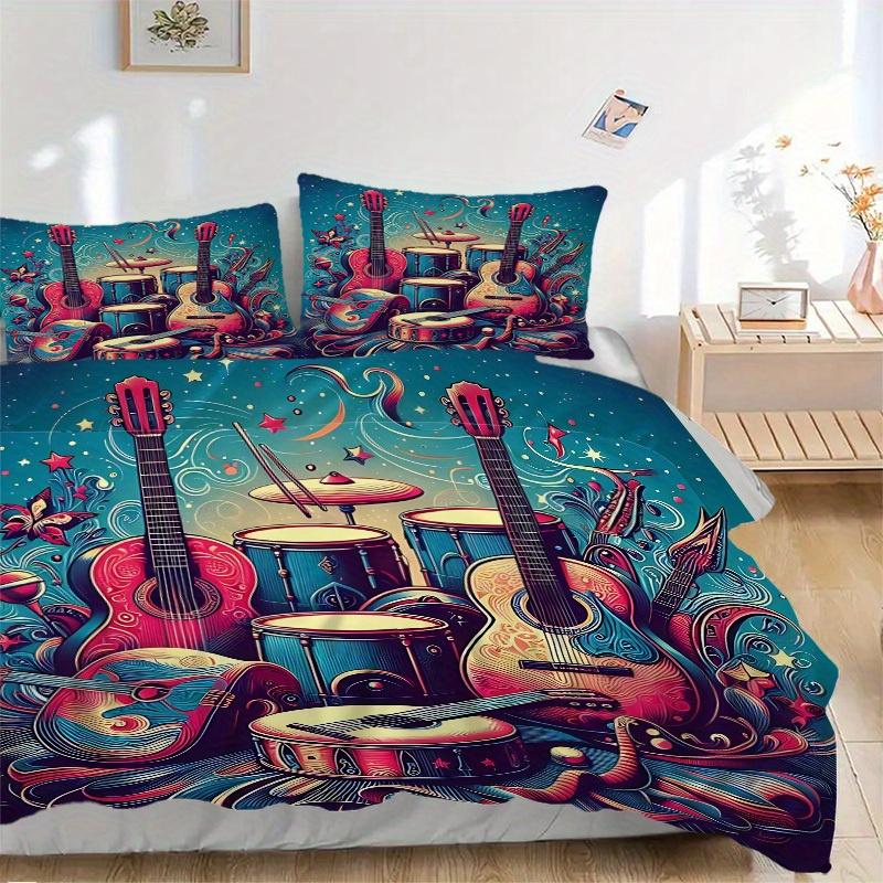 3pcs Music Instruments Bedding Cover Set, Fashion Classic Popular Print Bedding Set, Soft Comfortable, All - Season Use, For Bedroom, Guest Room127