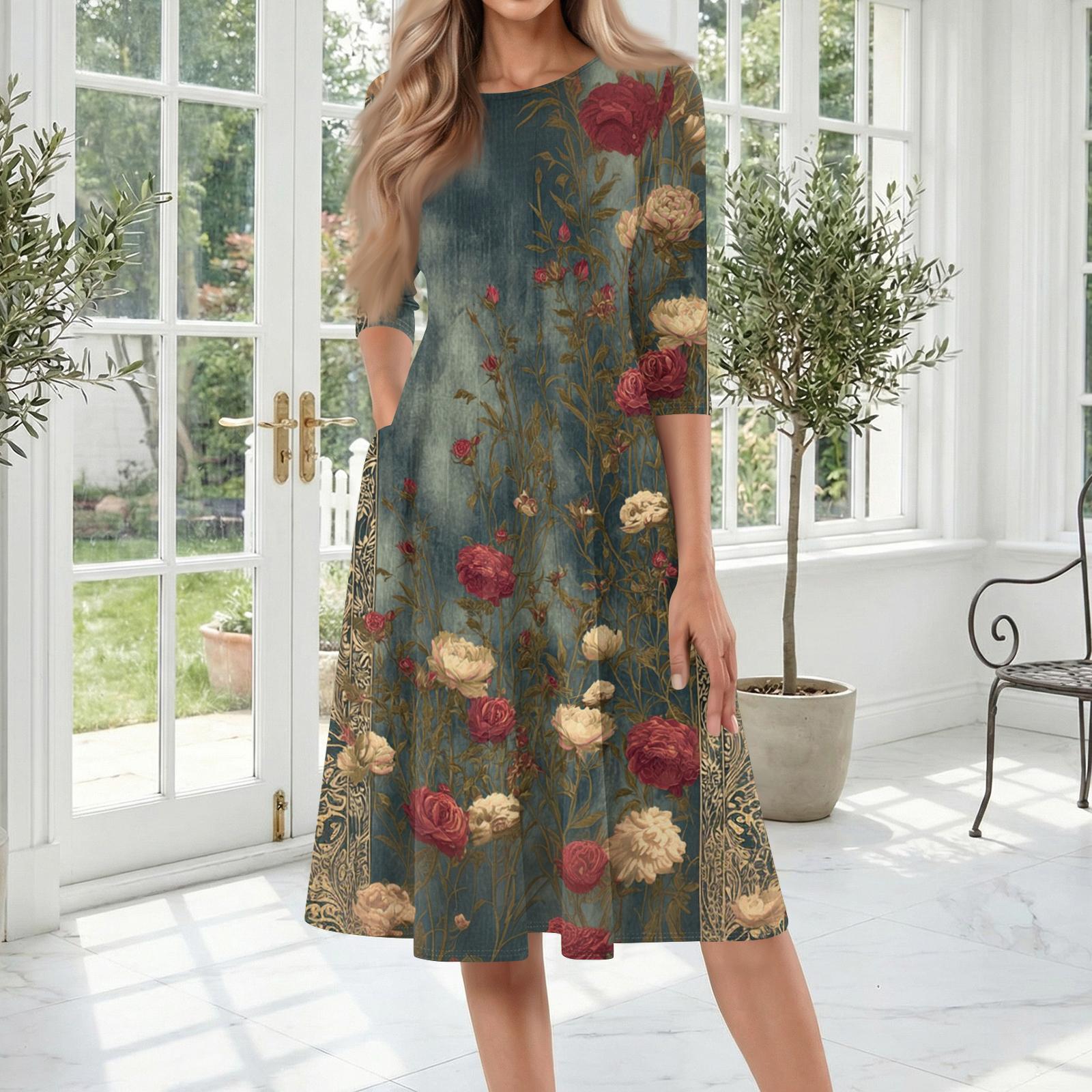 

Summer Dresses for Women Uk Floral Print Casual Midi Dress with Pockets Ladies Summer Dresses Uk Comfortable Fit Womens Summer Dresses Uk XXXL