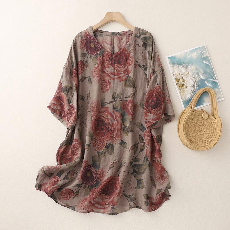 2026 Summer Retro Print V-Neck Loose Shirt Dress Extra Large