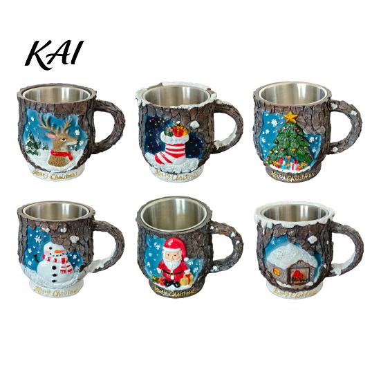 Christmas Party Supplies Theme Mug with Stainless Steel Liner, 3D Relief Hand Decorative Beverage Cups Painted Resin Coffee Cup, Drinkware for Holiday